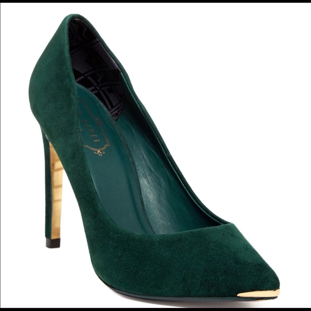 Ted Baker Emerald Green Suede Pointed Toe Stiletto Heels with Gold Accent